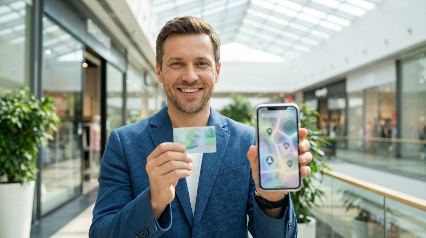Homme souriant dans un centre commercial, tenant une carte cadeau (type chèque cadhoc) et un smartphone avec une carte de localisation.