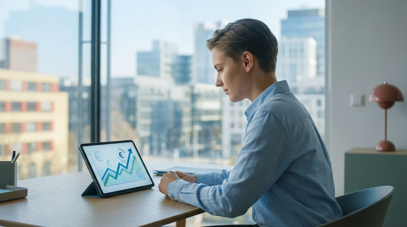 Jeune personne regardant un tableau de bord numérique affichant des symboles euro et un graphique en hausse sur une tablette, dans un bureau.
