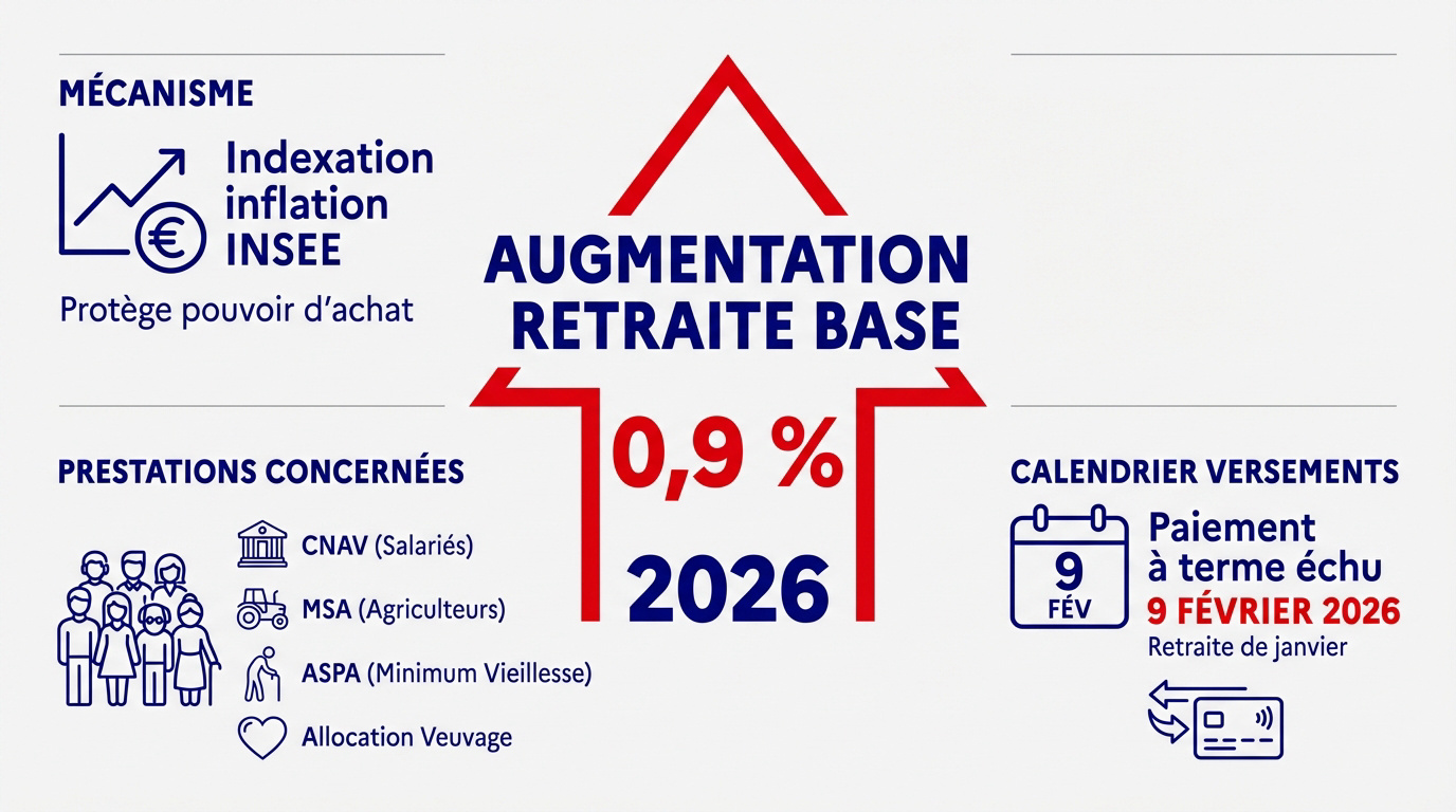 Infographie récapitulative de l'augmentation de la retraite de base en 2026
