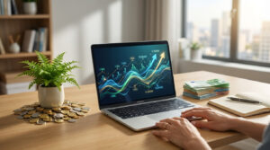 Personne gérant son épargne en ligne. Ordinateur avec graphiques de croissance financière, euros, pièces et plante verte.