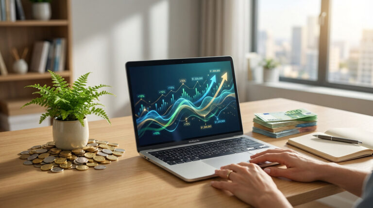 Personne gérant son épargne en ligne. Ordinateur avec graphiques de croissance financière, euros, pièces et plante verte.