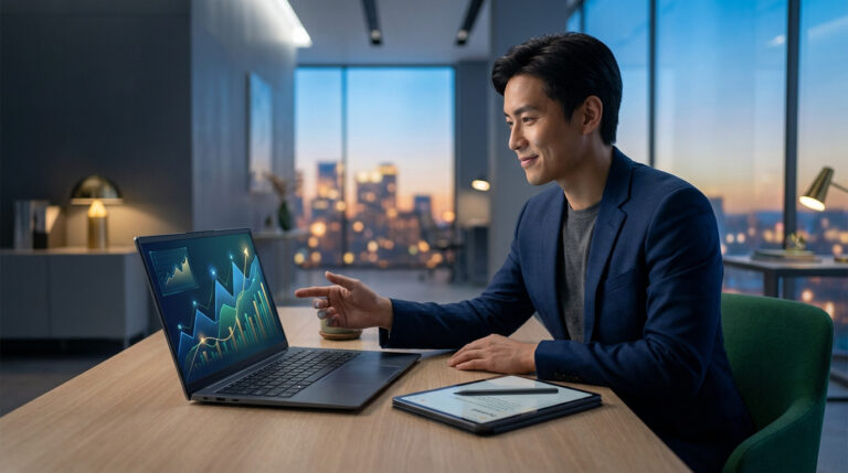 Confident man in modern office analyzes upward financial charts on laptop, with tablet for planning and city skyline background.