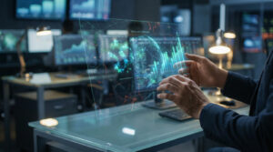 Hands interact with a holographic display showing glowing blockchain nodes, financial graphs, and subtle risk networks in a modern office.