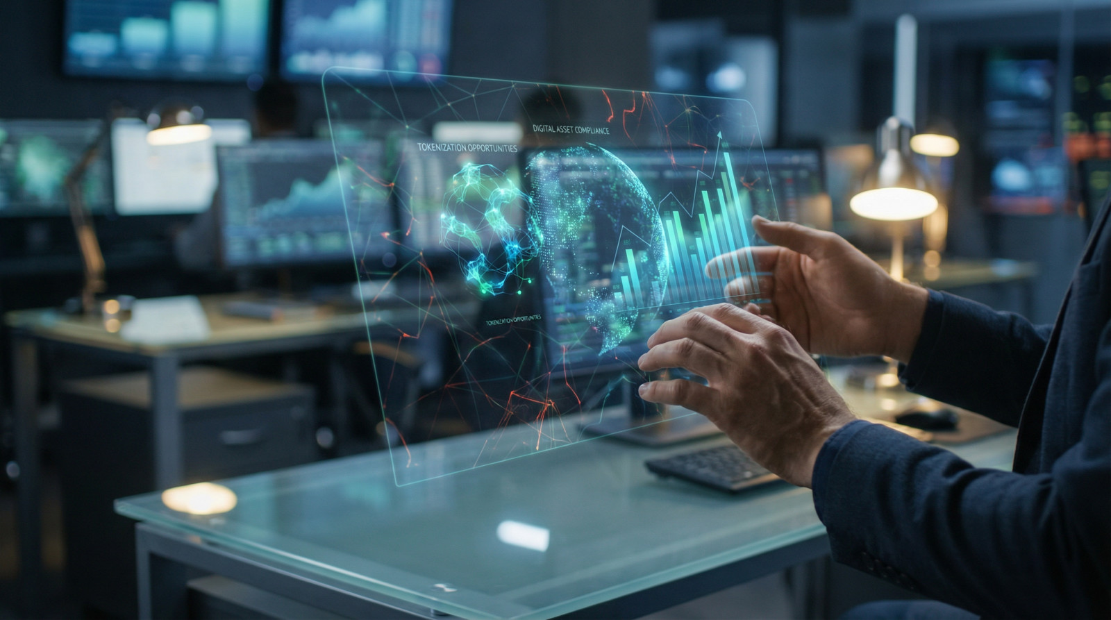 Hands interact with a holographic display showing glowing blockchain nodes, financial graphs, and subtle risk networks in a modern office.