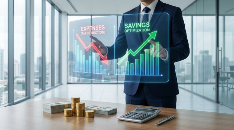 Professional in suit using a holographic screen displaying financial graphs: expenses decreasing, savings increasing. Desk with cash, coins, calculator.
