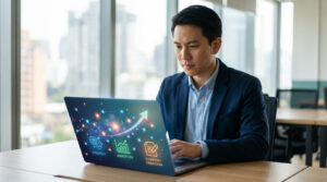 A man in smart casual attire intently views a laptop screen showing a vibrant digital marketing roadmap with growth curve and icons.