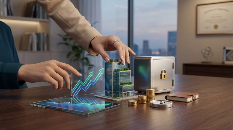 Deux mains interagissent avec des actifs financiers stylisés sur une table : un graphique haussier, un bâtiment miniature et un coffre-fort. Représente la diversification et la croissance des investissements.