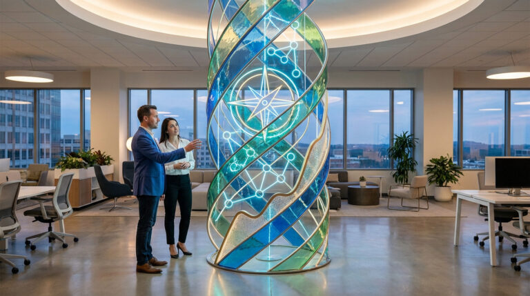Two professionals observe a glowing, abstract architectural spiral symbolizing strategy, growth, and finance in a modern office.