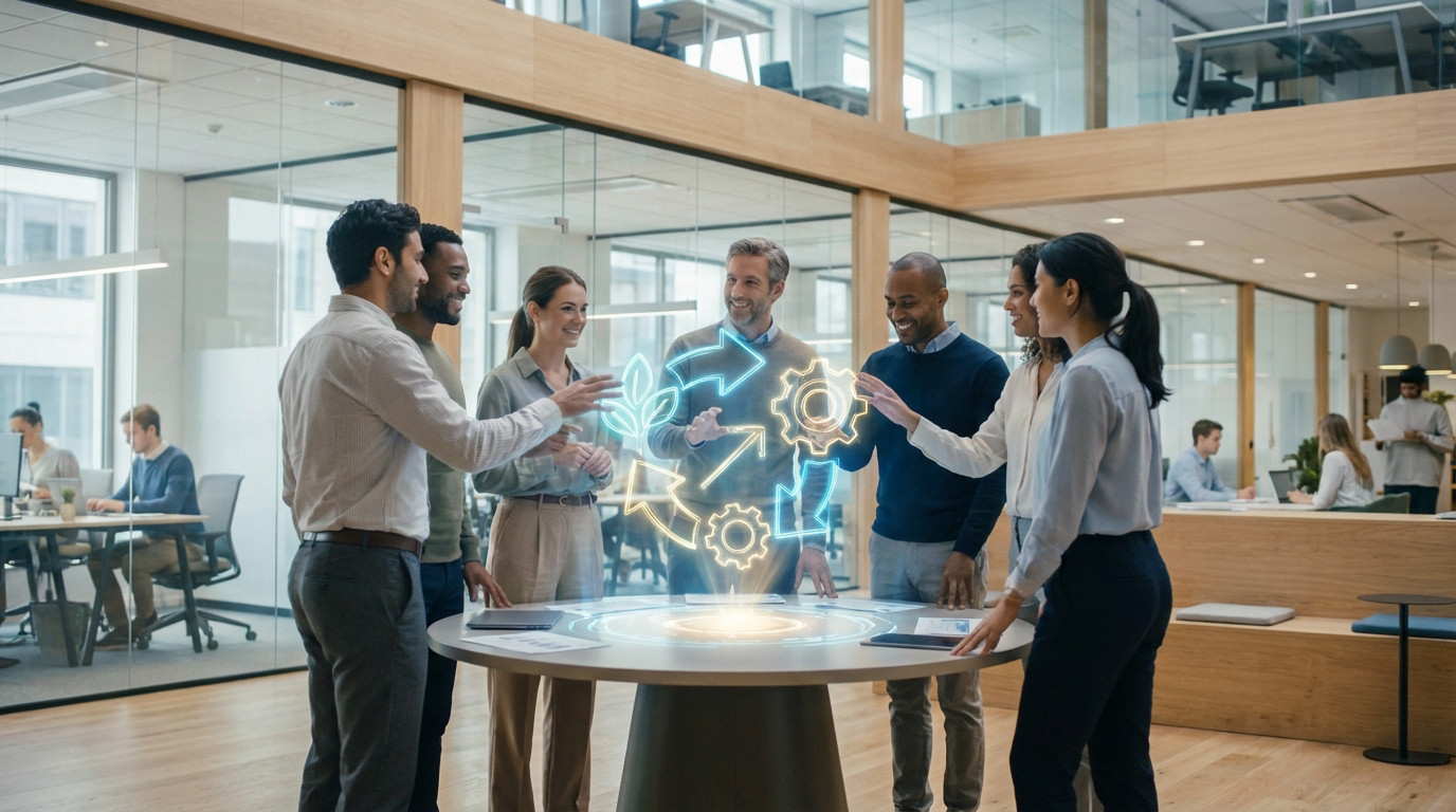 Six diverse professionals collaborate around a glowing holographic display of gears, arrows, and leaves in a modern, bright office.