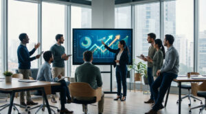 Une femme présente des graphiques de performance en croissance à une équipe diverse lors d'une réunion professionnelle en bureau moderne.