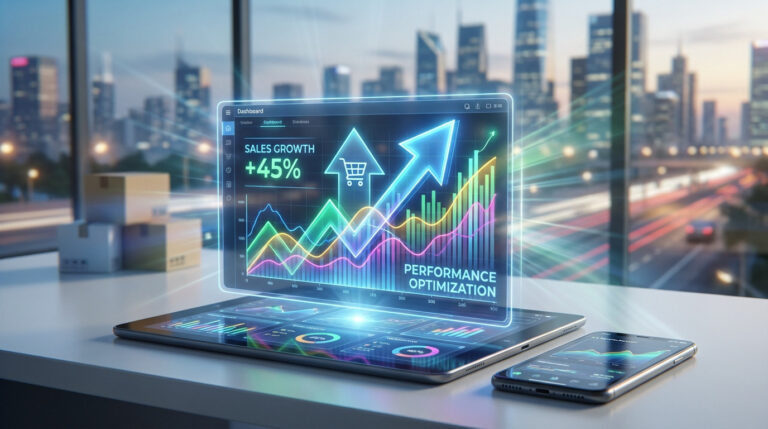 Holographic e-commerce dashboard showing +45% sales growth, performance optimization, and upward trends on a tablet and phone, with a city skyline at dusk.