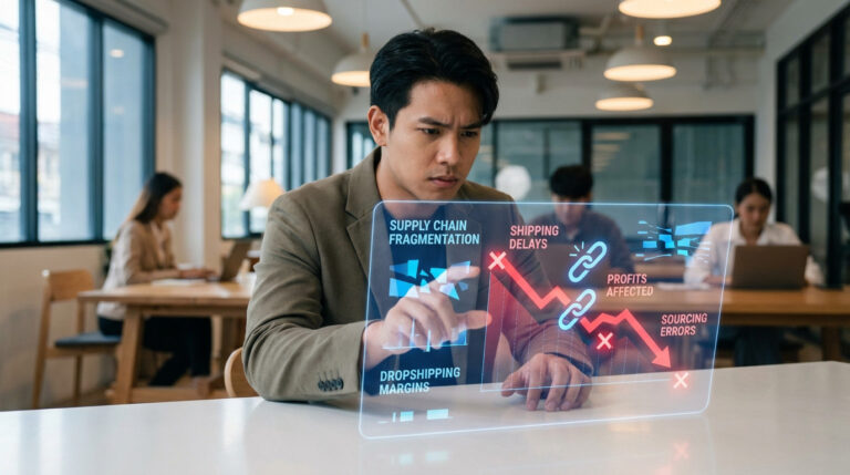 Young entrepreneur analyzing a holographic display with a red declining profit graph, broken chains, and 'X' marks indicating supply chain issues in a modern co-working space.