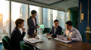 Four professionals in a modern conference room with a city sunset view. One presents a tablet with a growth chart to three attentive investors.