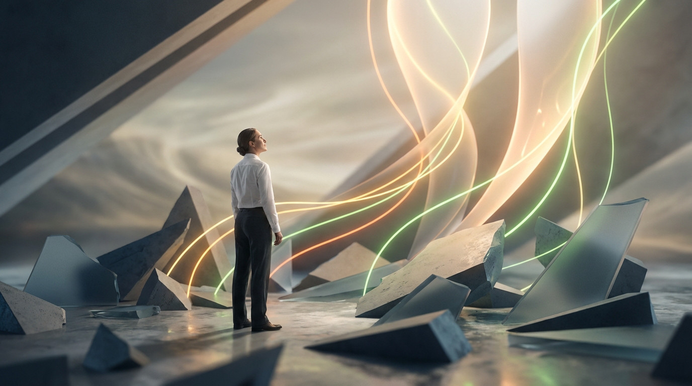 A person in business attire stands among broken shapes, gazing hopefully at glowing lines symbolizing growth and new opportunities.