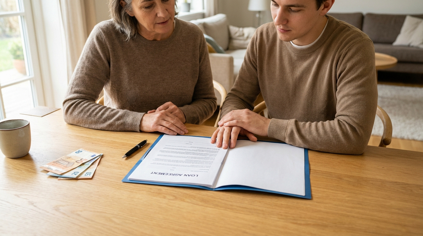 Femme âgée et jeune homme lisant un contrat de prêt familial. Billets de banque (euros) et stylo sur la table.