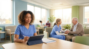 Jeune femme en uniforme médical travaillant sur une tablette, d'autres soignants interagissent avec des aînés en arrière-plan.