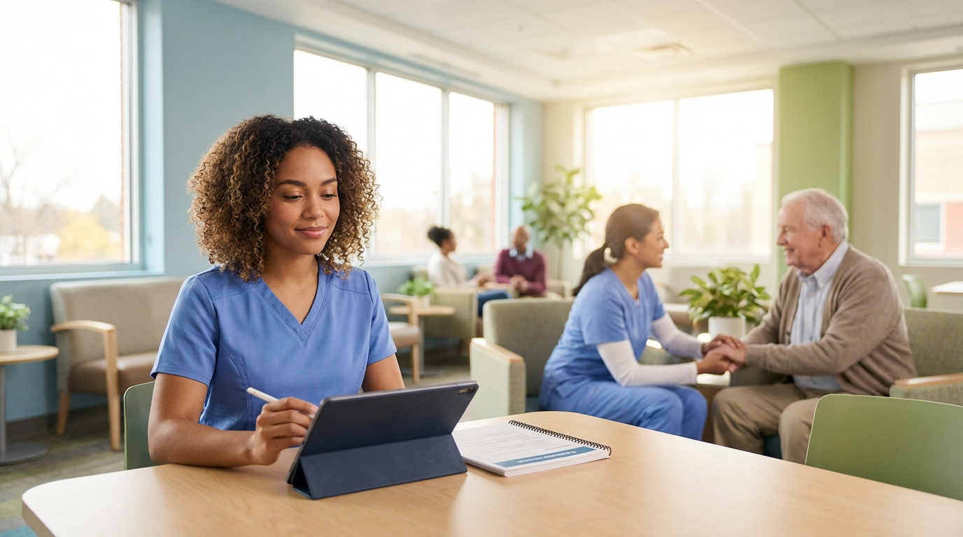 Jeune femme en uniforme médical travaillant sur une tablette, d'autres soignants interagissent avec des aînés en arrière-plan.