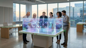 Diverse team collaborates around a futuristic holographic table displaying AI data, growth charts, and sustainability symbols in a bright office.