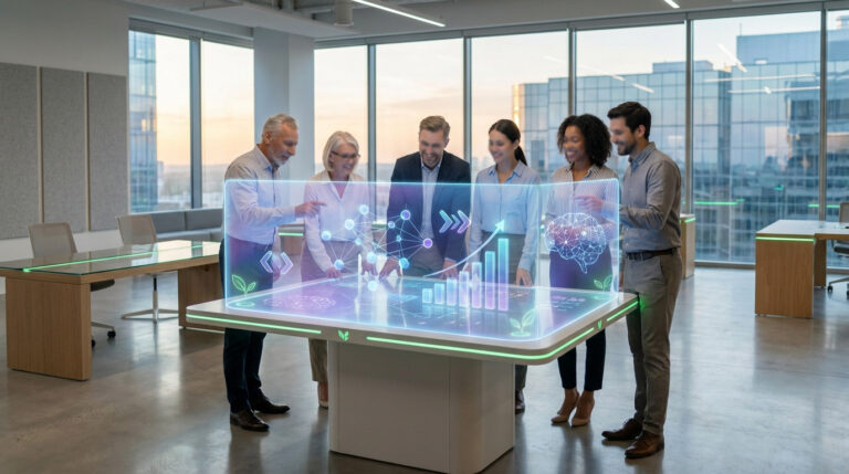Diverse team collaborates around a futuristic holographic table displaying AI data, growth charts, and sustainability symbols in a bright office.