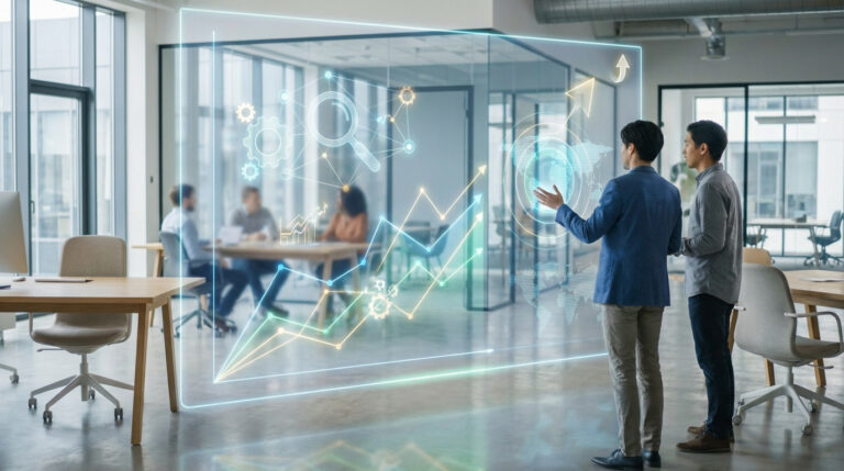 Two professionals analyze dynamic growth data on a large interactive holographic display in a bright, modern office setting. Blurred figures in background.