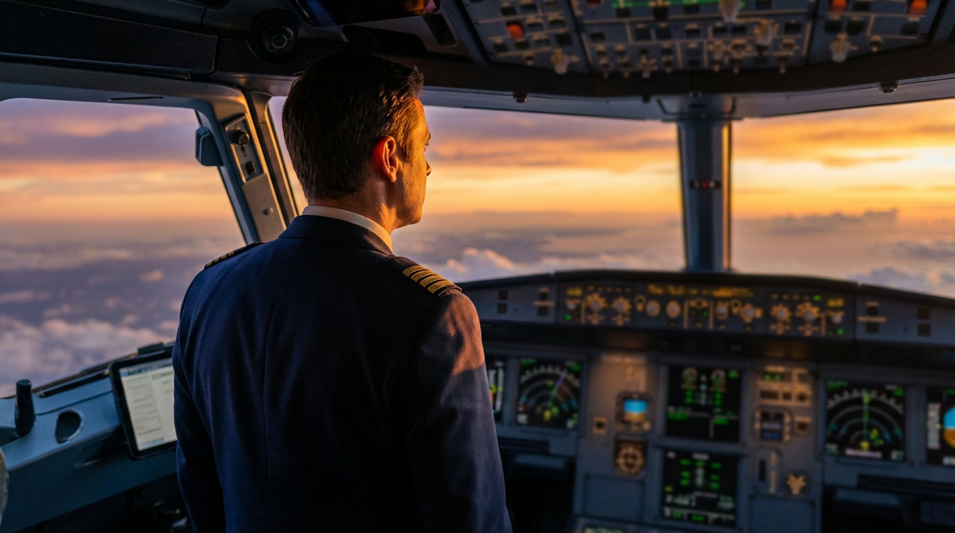 Un pilote de ligne, de dos, en uniforme, regarde un magnifique coucher de soleil depuis le cockpit d'un avion. Tableaux de bord visibles.