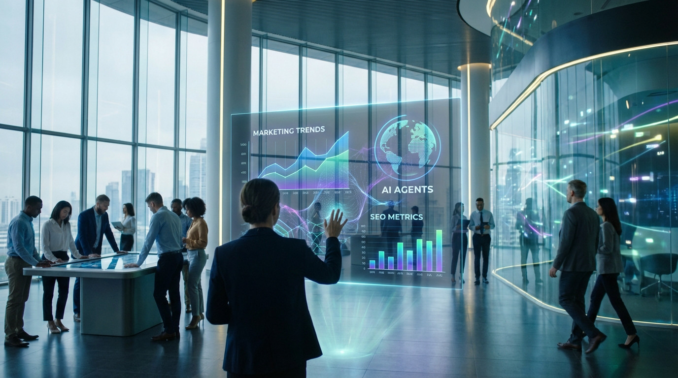 Femme en costume interagit avec un écran holographique de données marketing (tendances, IA, SEO) dans un bureau moderne et lumineux avec d'autres professionnels.