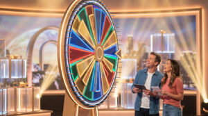 Un homme et une femme souriants face à une grande roue de la fortune colorée et lumineuse. Ils tiennent tablette et carnet.