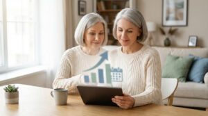 Deux femmes seniors souriantes examinent une tablette affichant un graphique de croissance et un calendrier, planifiant leur retraite.