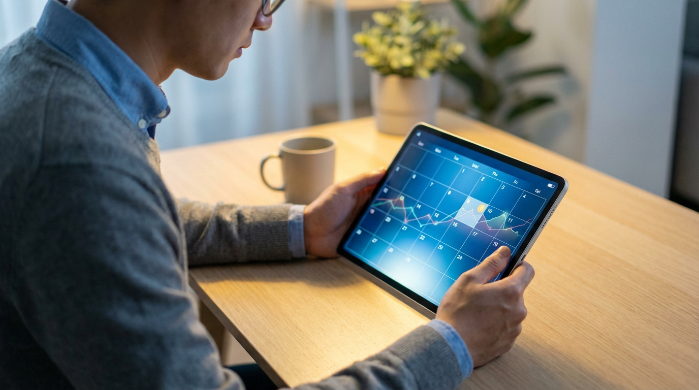 Un homme consulte une tablette affichant un calendrier et des graphiques, illustrant le suivi du calendrier de paie des fonctionnaires.