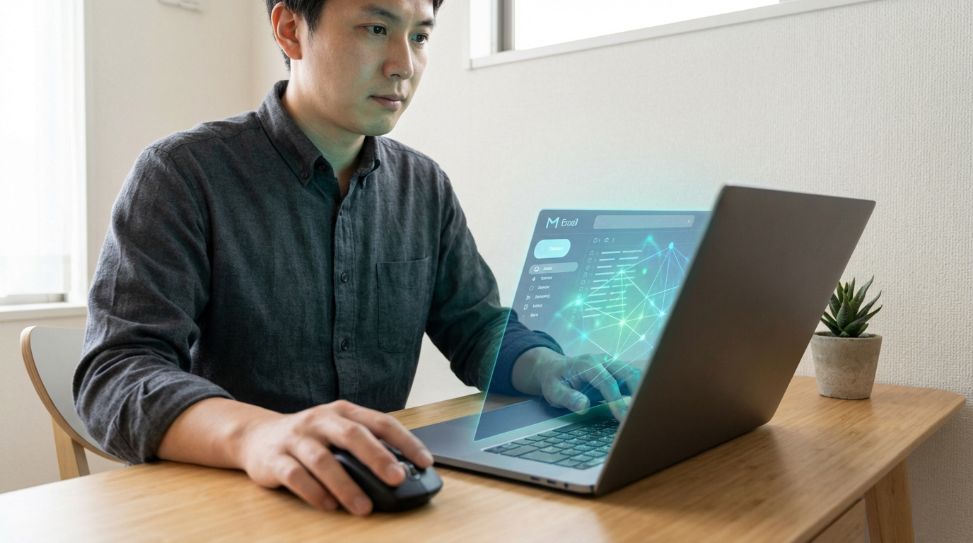 Un homme concentré utilise un ordinateur portable avec un écran holographique affichant une interface mail moderne et des graphiques de données, tenant une souris.