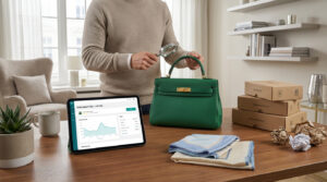 Un homme examine un sac de luxe vert avec une loupe, à côté d'une tablette Vinted et de boîtes d'expédition.