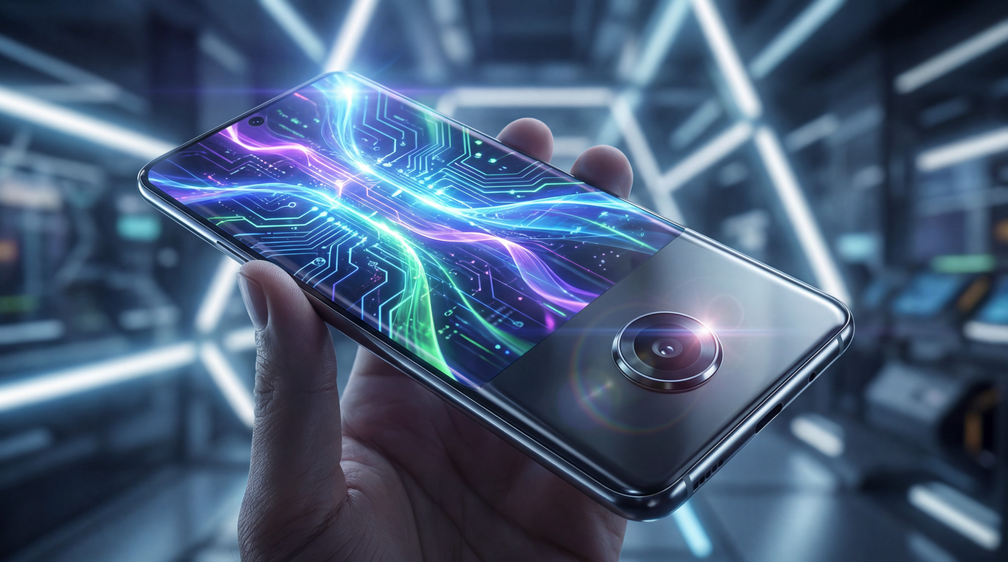 Main tenant un smartphone futuriste avec écran affichant un circuit lumineux et une caméra arrière proéminente.