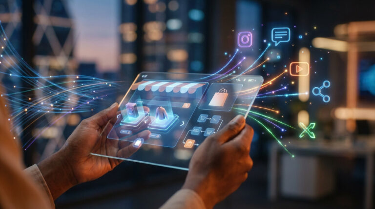 Hands hold a transparent tablet showing a social commerce interface. Glowing lines connect to abstract social media icons.