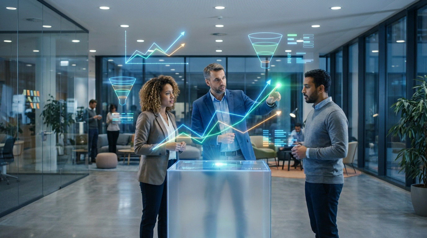 Diverse team analyzes holographic display with dynamic growth data, line graphs, and AARRR funnels in a modern innovation hub.