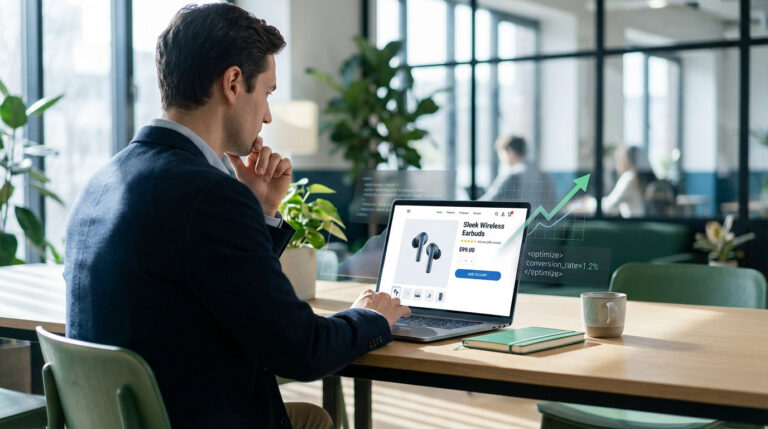 Man in office analyzing e-commerce product page on laptop. Digital overlays show conversion rate optimization and an upward growth graph.