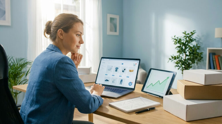 A focused young entrepreneur in a home office analyzes e-commerce data on a laptop and tablet, with product boxes and a notebook on the desk.