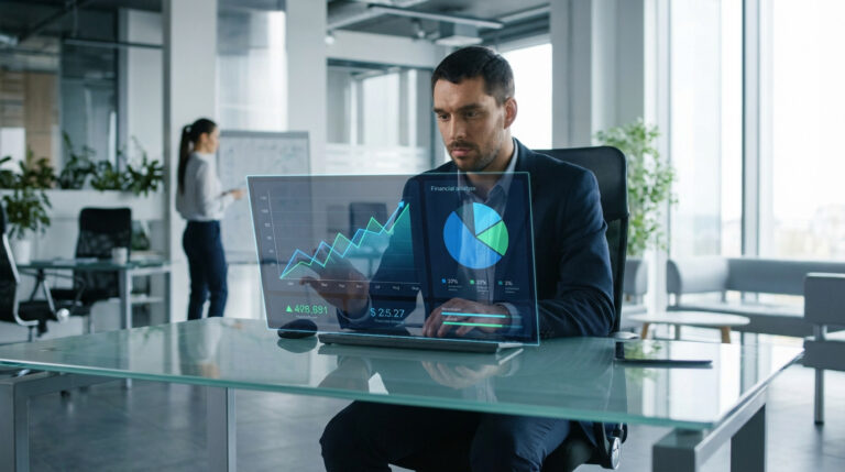 Man analyzing financial dashboards on a transparent screen in a modern, sunlit office. Graphs show growth; a colleague is in the background.