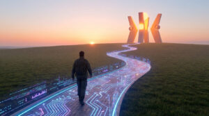 Figure walks on glowing digital path towards abstract orange structure under a dawn sky, symbolizing growth and digital journey.