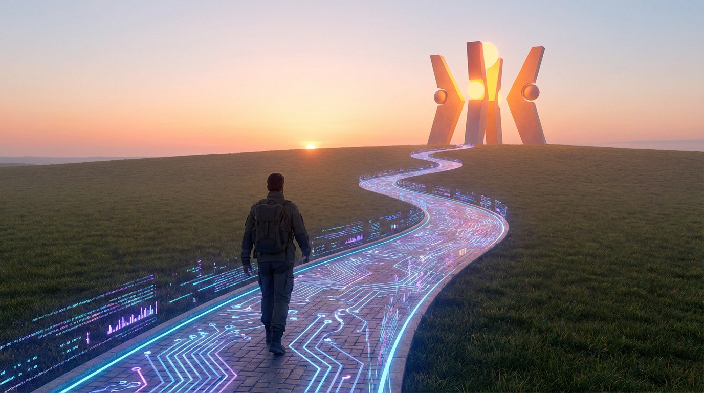 Figure walks on glowing digital path towards abstract orange structure under a dawn sky, symbolizing growth and digital journey.