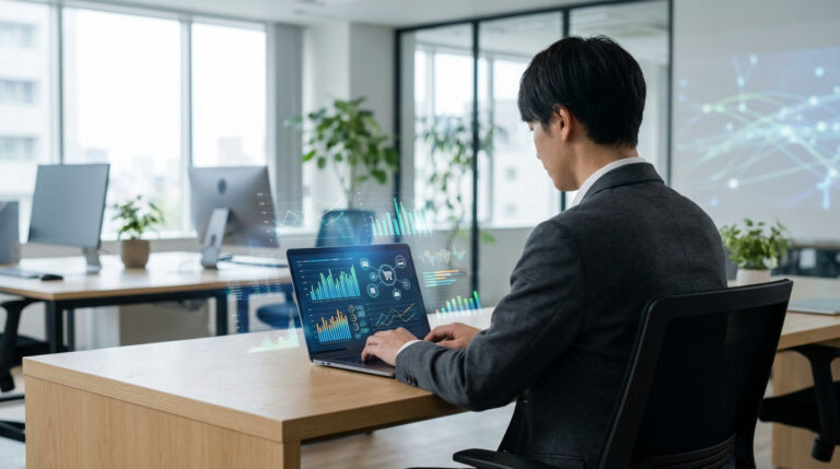 Person in a modern office analyzing augmented reality e-commerce dashboards on a laptop, with data visualizations extending beyond the screen.