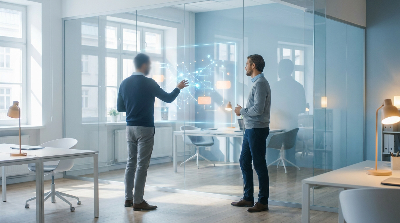 Two professionals discuss strategic data on a transparent digital display in a bright, modern, collaborative office with natural light.