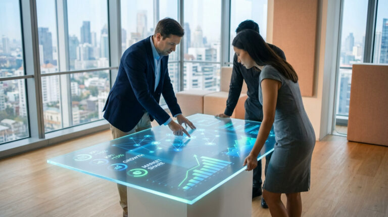 Three professionals collaborate around a holographic table displaying strategic data, charts, and KPIs in a modern office with city views.