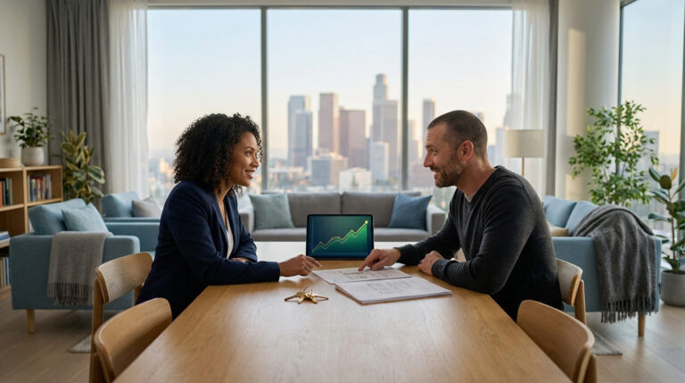 Diverse couple discusses real estate investment in a modern living room. Tablet shows growth, keys and plans on table.