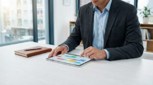 Person in smart-casual attire organizing tasks on a tablet with a calendar interface at a well-lit modern office desk, next to a notebook.