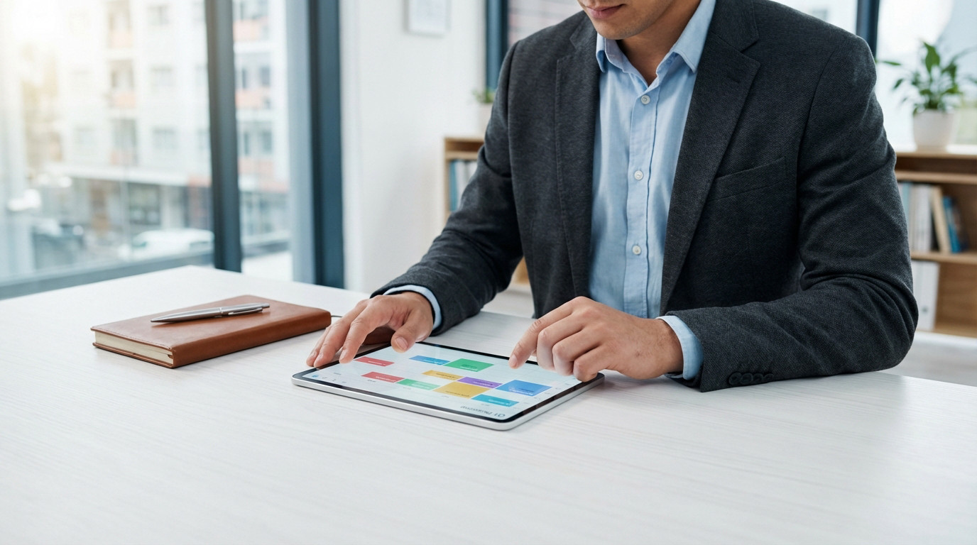 Person in smart-casual attire organizing tasks on a tablet with a calendar interface at a well-lit modern office desk, next to a notebook.