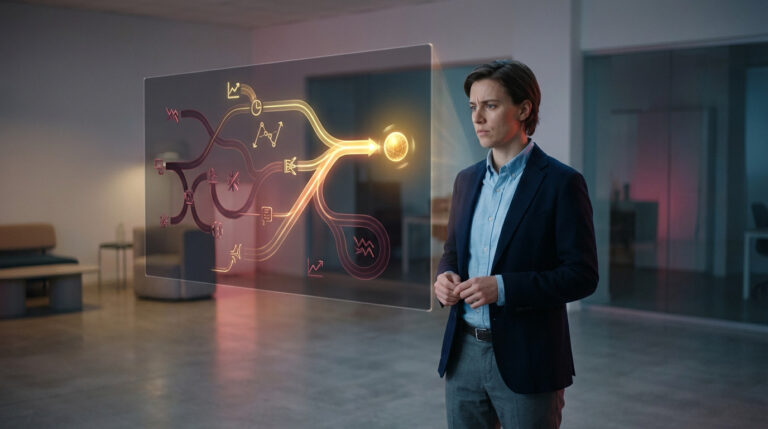 Professional analyzes a glowing holographic business journey map, showing illuminated paths to success and darker, complex routes.