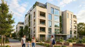 Immeubles modernes avec murs végétalisés et toits-terrasses fleuris. Une famille et un jeune homme marchent près de jardins partagés.