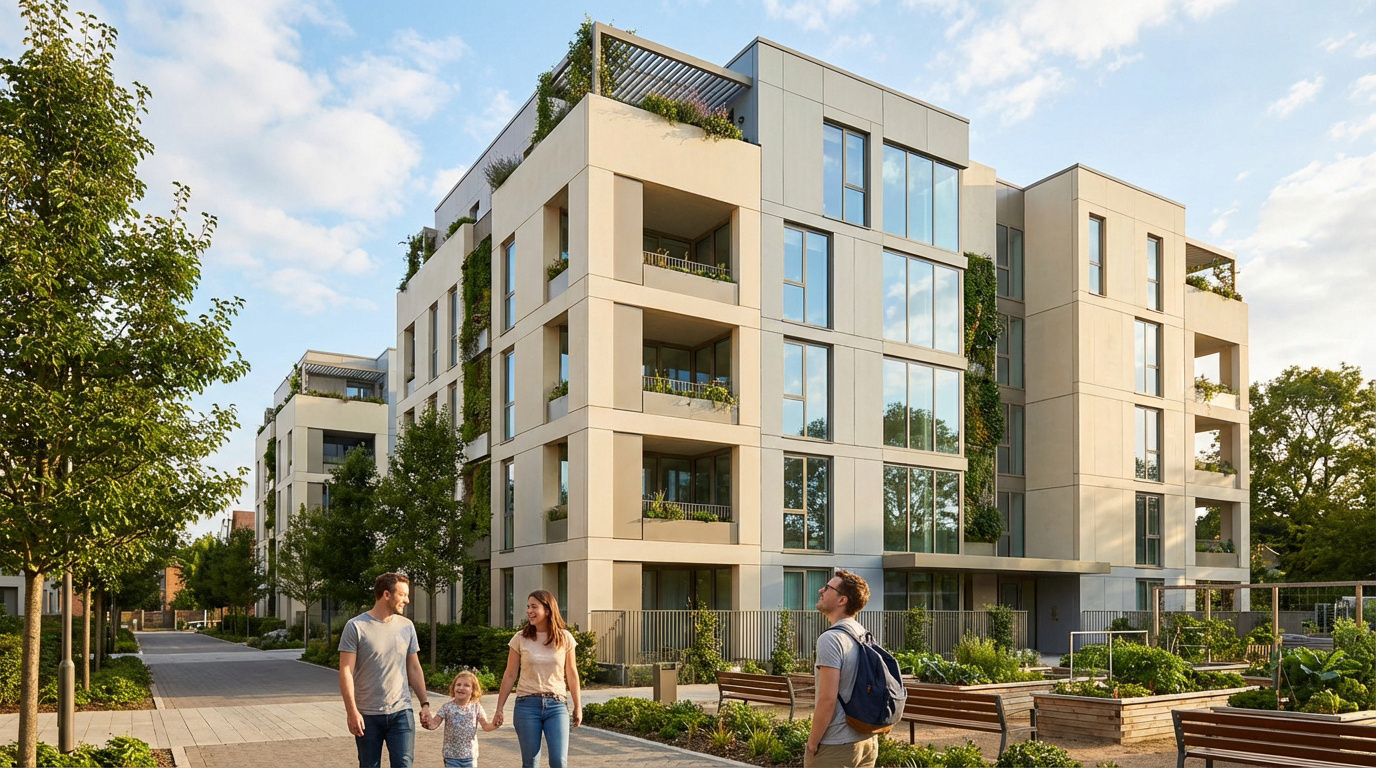 Immeubles modernes avec murs végétalisés et toits-terrasses fleuris. Une famille et un jeune homme marchent près de jardins partagés.