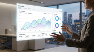 Personne interagissant avec un écran holographique affichant des graphiques de performance de campagne CRM dans un bureau moderne.