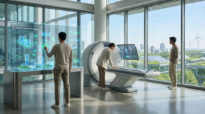 Bureau futuriste: homme interagit avec écran holographique, femme opère scanner médical. Extérieur: éoliennes, panneaux solaires.
